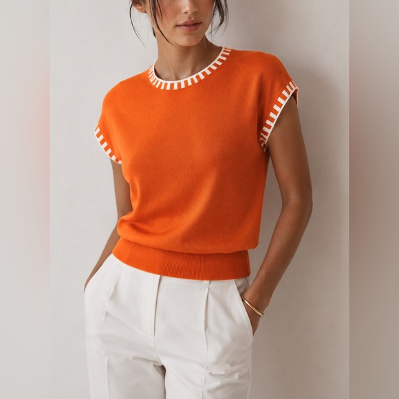 Commense Tops - Commense Orange Knit Top with White Ladder Trim